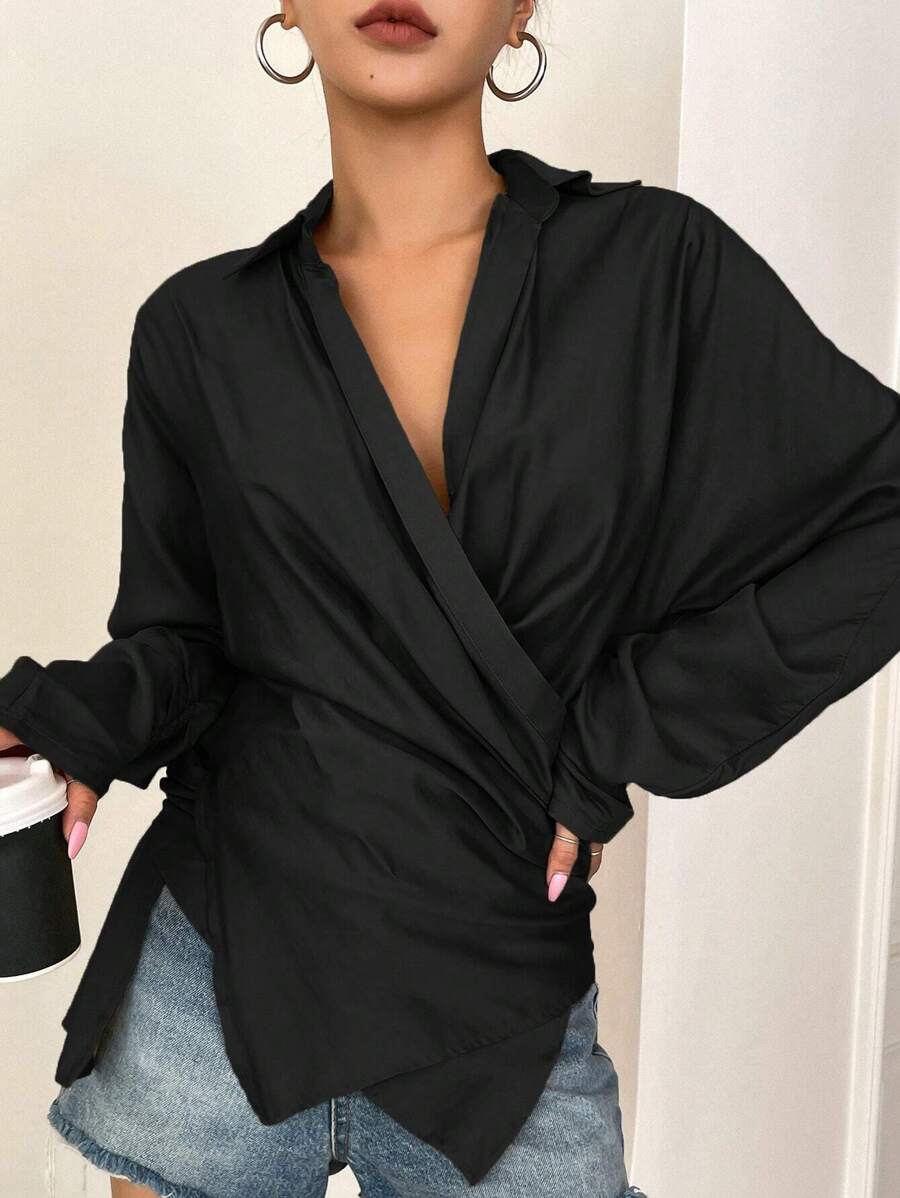 DAZY Solid Wrap Front Asymmetrical Hem Shirt,Long Sleeve Tops Fall - Black - View 1