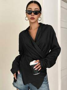 DAZY Solid Wrap Front Asymmetrical Hem Shirt,Long Sleeve Tops Fall - Black - View 3