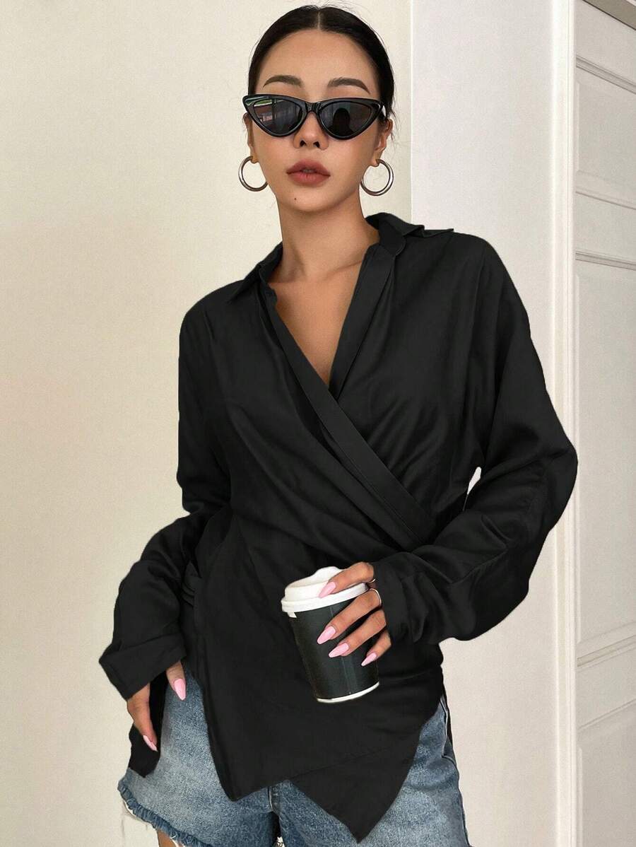 Livesso Solid Wrap Front Asymmetrical Hem Shirt,Long Sleeve Tops - Black - View 1