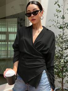 DAZY Solid Wrap Front Asymmetrical Hem Shirt,Long Sleeve Tops Fall - Black - View 5