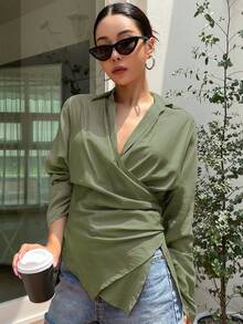 DAZY 素色圍裹不對稱下擺襯衫 - 綠色 - 查看 5