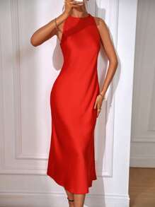 EMERY ROSE Đầm Maxi Satin Xẻ Đùi Trơn Cho Tiệc Năm Mới Trang Phục Nữ - Đỏ - Xem 3