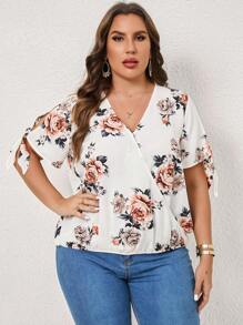 SHEIN Clasi Plus Floral Print Knot Cuff Blouse - Multicolor - View 6