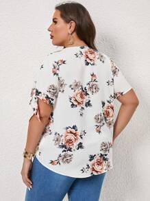 SHEIN Clasi Plus Floral Print Knot Cuff Blouse - Multicolor - View 2
