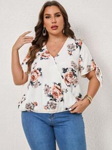 SHEIN Clasi Plus Floral Print Knot Cuff Blouse - Multicolor - View 3