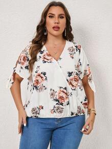 SHEIN Clasi Plus Floral Print Knot Cuff Blouse - Multicolor - View 4