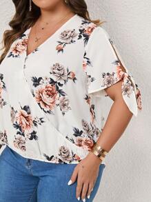 SHEIN Clasi Plus Floral Print Knot Cuff Blouse - Multicolor - View 5