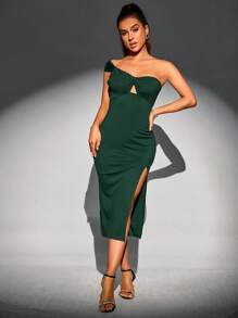 Allurite 單肩鏤空高衩洋裝 - 墨綠色 - 查看 5