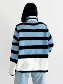 EURMUSE Jersey con patrón de rayas de hombros caídos - Neblina azul - Ver 3