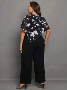 SHEIN Clasi 大碼印花開衩袖闊腿連體褲 - 黑色 - 查看 2