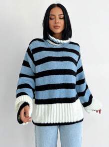 EURMUSE Jersey con patrón de rayas de hombros caídos - Neblina azul - Ver 4
