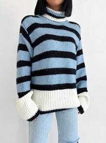 EURMUSE Jersey con patrón de rayas de hombros caídos - Neblina azul - Ver 5