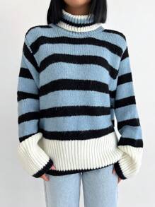 EURMUSE Jersey con patrón de rayas de hombros caídos - Neblina azul - Ver 2