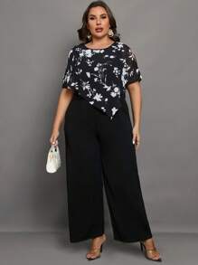 SHEIN Clasi 大碼印花開衩袖闊腿連體褲 - 黑色 - 查看 5