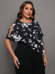 SHEIN Clasi 大碼印花開衩袖闊腿連體褲 - 黑色 - 查看 6