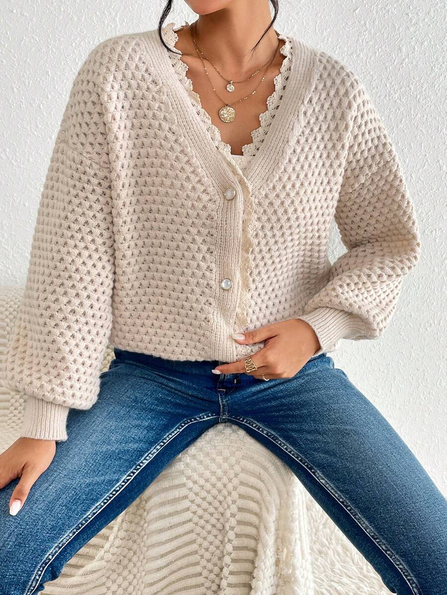 SHEIN Frenchy Áo len cardigan trễ vai viền ren guipure - Màu be - Xem 1