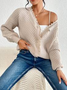 SHEIN Frenchy Áo len cardigan trễ vai viền ren guipure - Màu be - Xem 4
