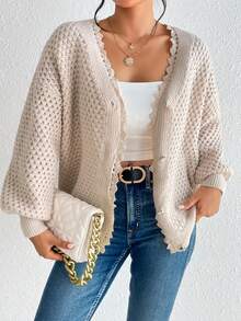 SHEIN Frenchy Áo len cardigan trễ vai viền ren guipure - Màu be - Xem 5