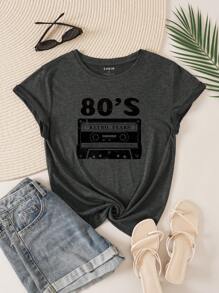 SHEIN LUNE Băng âm thanh Và Đồ họa Chữ cái Áo thun - Màu xám đen - Xem 1