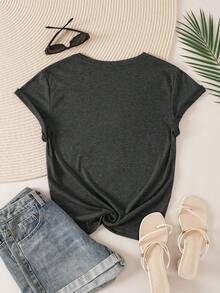 SHEIN LUNE Băng âm thanh Và Đồ họa Chữ cái Áo thun - Màu xám đen - Xem 2