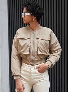 EURMUSE Flap Pocket Drop Shoulder Crop Bomber Jacket - Khaki - View 4