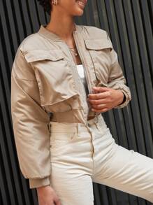 EURMUSE Flap Pocket Drop Shoulder Crop Bomber Jacket - Khaki - View 1