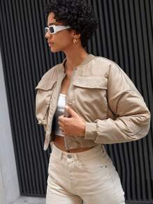 EURMUSE Flap Pocket Drop Shoulder Crop Bomber Jacket - Khaki - View 5