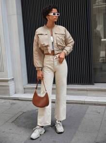 EURMUSE Flap Pocket Drop Shoulder Crop Bomber Jacket - Khaki - View 6