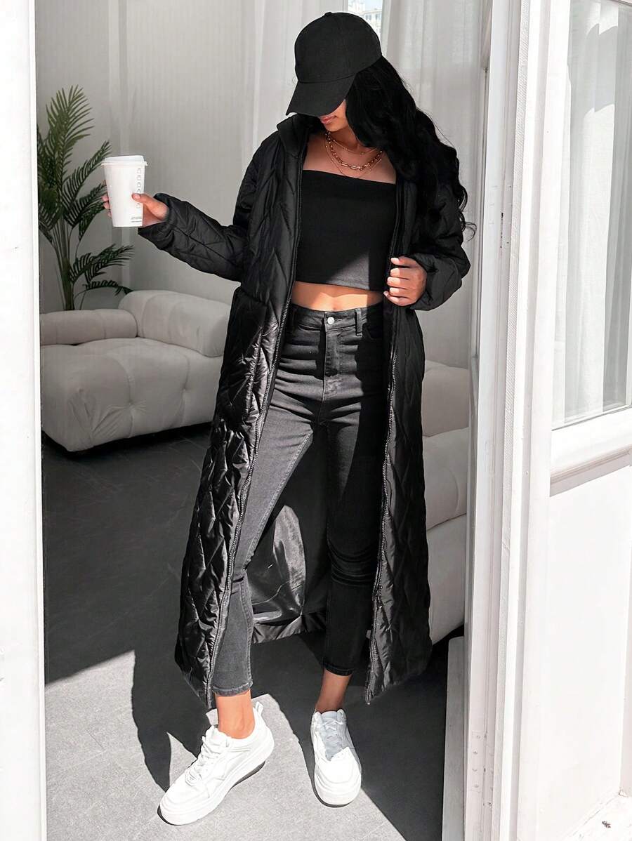 EURMUSE Solid Zip Up Longline Winter Coat - Black - View 1