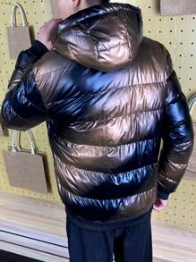 Manfinity Hypemode 男士拉链抽绳连帽超大加厚外套，外出黑色休闲绗缝冬季外套，适合朋友、丈夫、男朋友的礼物 - 黑色 - 查看 2