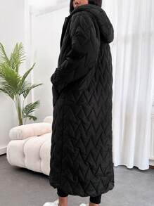 EURMUSE Solid Zip Up Longline Winter Coat - Black - View 2