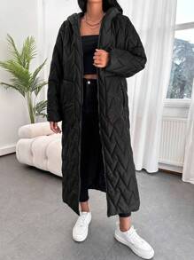 EURMUSE Solid Zip Up Longline Winter Coat - Black - View 3