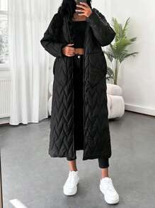 EURMUSE Solid Zip Up Longline Winter Coat - Black - View 4