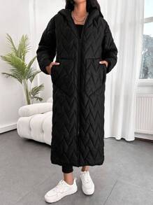 EURMUSE Solid Zip Up Longline Winter Coat - Black - View 5