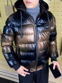 Manfinity Hypemode 男士拉链抽绳连帽超大加厚外套，外出黑色休闲绗缝冬季外套，适合朋友、丈夫、男朋友的礼物 - 黑色 - 查看 5