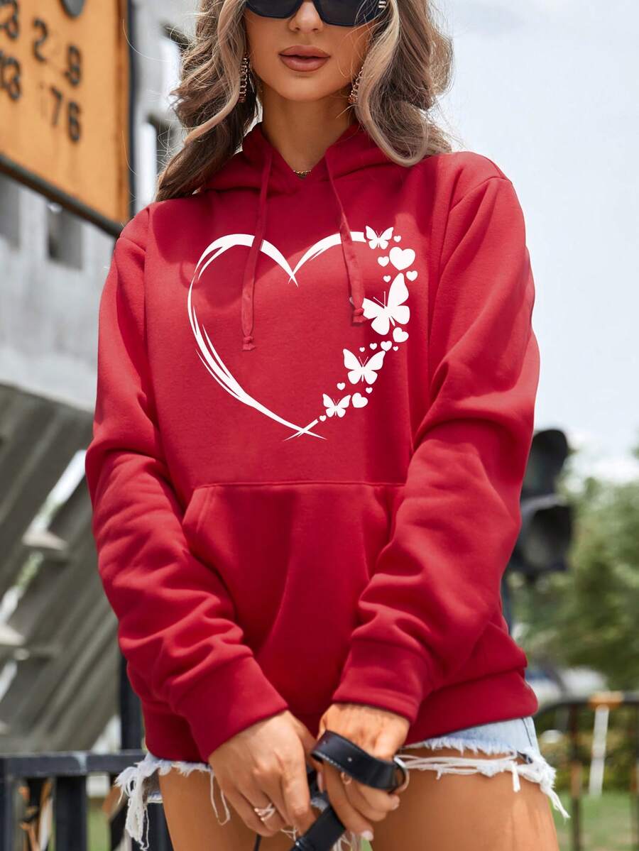 SHEIN LUNE Tim & In bướm Túi kangaroo Dây rút Lót nhiệt Hoodie - Đỏ - Xem 1