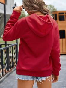 SHEIN LUNE Tim & In bướm Túi kangaroo Dây rút Lót nhiệt Hoodie - Đỏ - Xem 2
