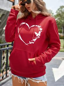 SHEIN LUNE Tim & In bướm Túi kangaroo Dây rút Lót nhiệt Hoodie - Đỏ - Xem 3