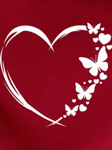 SHEIN LUNE Tim & In bướm Túi kangaroo Dây rút Lót nhiệt Hoodie - Đỏ - Xem 4