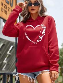 SHEIN LUNE Tim & In bướm Túi kangaroo Dây rút Lót nhiệt Hoodie - Đỏ - Xem 6