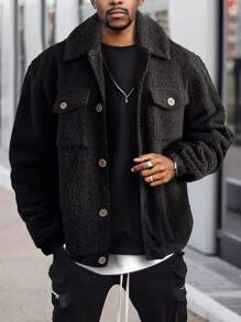 Manfinity Homme Lỏng lẻo phù hợp Nam Túi có nắp Áo Teddy Jackets - màu đen - Xem 1