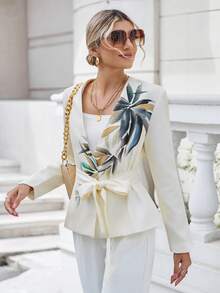 GENKIRA Leaf Print Belted Coat - Beige - View 4