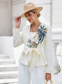 GENKIRA Leaf Print Belted Coat - Beige - View 1