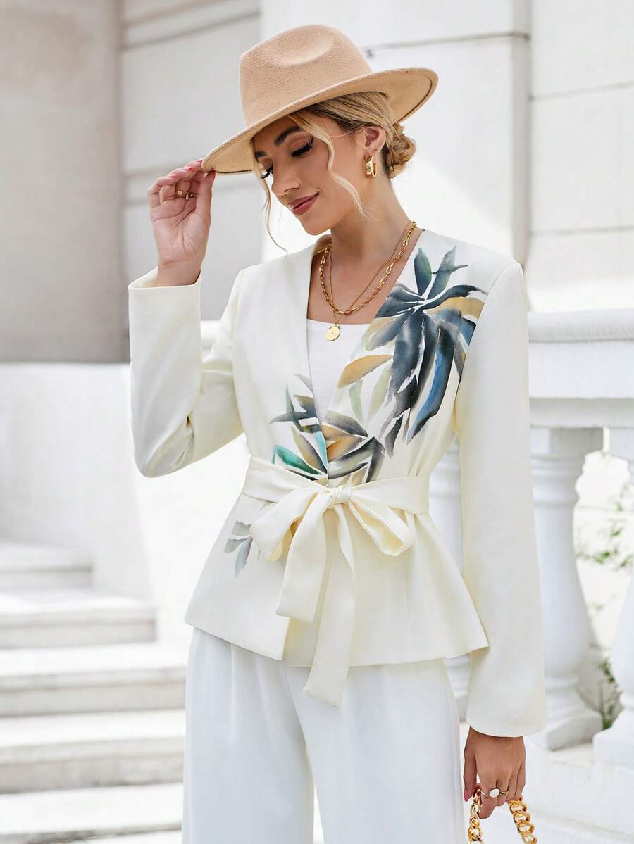 GENKIRA Leaf Print Belted Coat - Beige - View 1