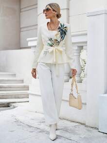 GENKIRA Leaf Print Belted Coat - Beige - View 3