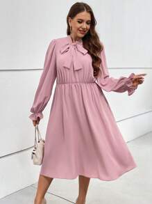 SHEIN Privé Plus Tie Neck Flare Sleeve Dress - Dusty Pink - View 1