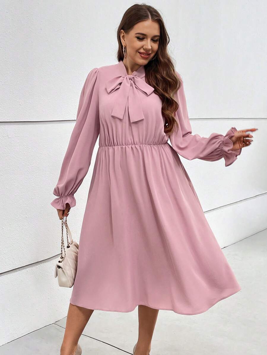 SHEIN Privé Plus Tie Neck Flare Sleeve Dress - Dusty Pink - View 1