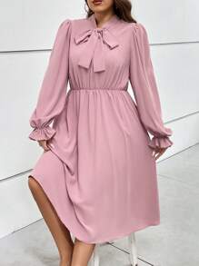 SHEIN Privé Plus Tie Neck Flare Sleeve Dress - Dusty Pink - View 6
