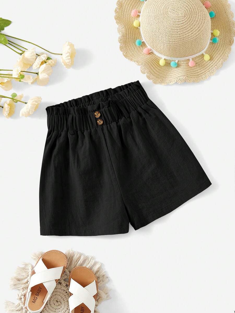 SHEIN Tween Girl Solid Color Shorts , Featuring Paper Bag Waist And Button Details, Suitable For Summer - Black - View 1
