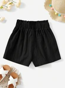 SHEIN Tween Girl Solid Color Shorts , Featuring Paper Bag Waist And Button Details, Suitable For Summer - Black - View 2